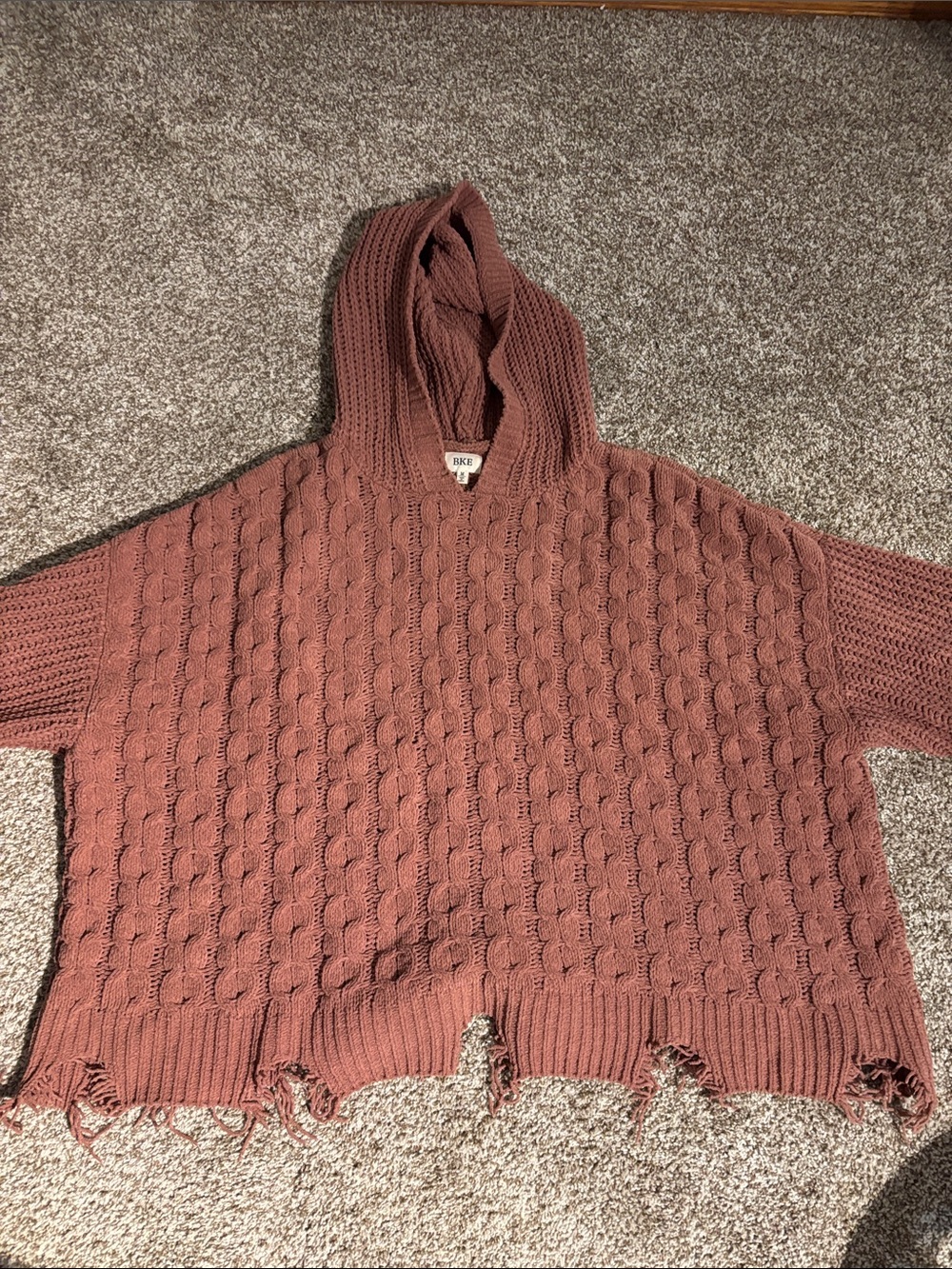 BKE Cable-Knit Hooded Sweater in Dusty Rose